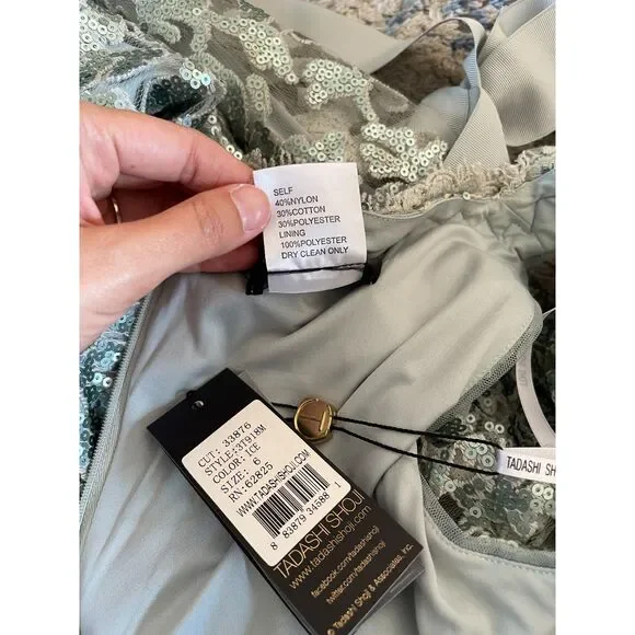 NWT Tadashi Shoji Ice Green Sequin Lace Dress Cocktail Dress Ribbon‎ Belt Size 6 - Picture 9 of 12